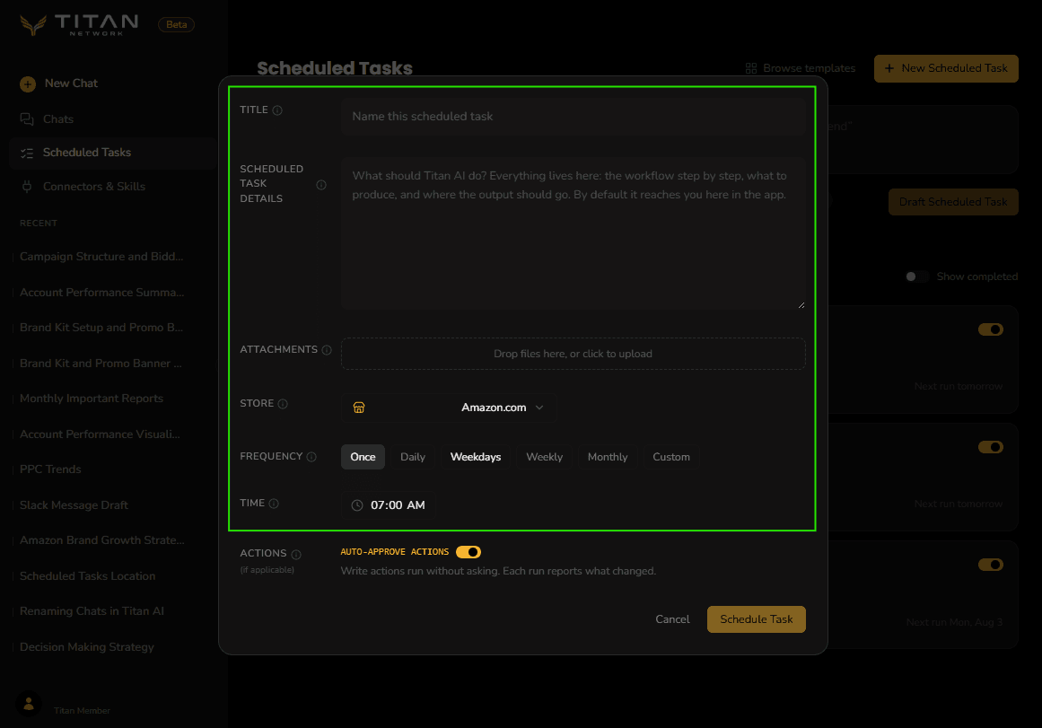 The scheduled task form with Title, Scheduled Task Details, Attachments, Store, Frequency and Time outlined.