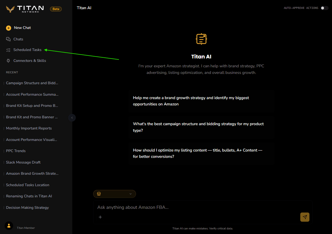 The Titan AI sidebar with Scheduled Tasks highlighted.