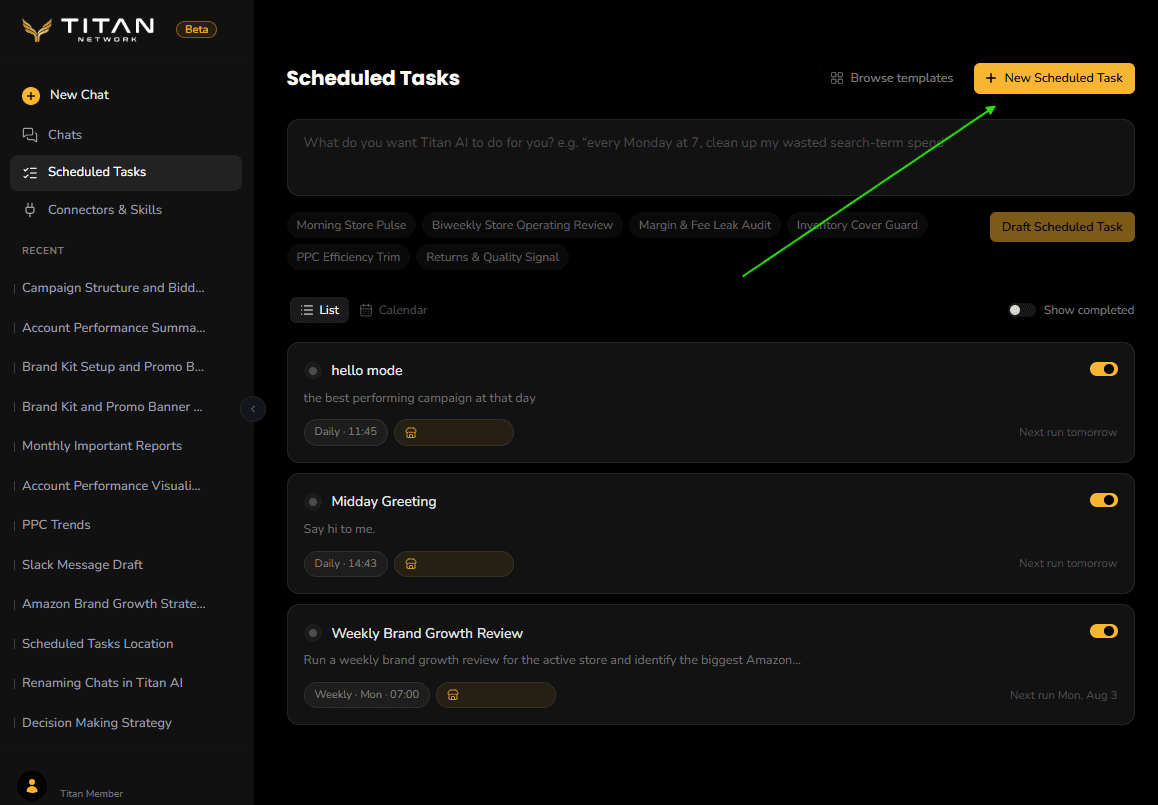 The Scheduled Tasks page showing the Browse templates and New Scheduled Task buttons, the plain-English box, and the six template pills.