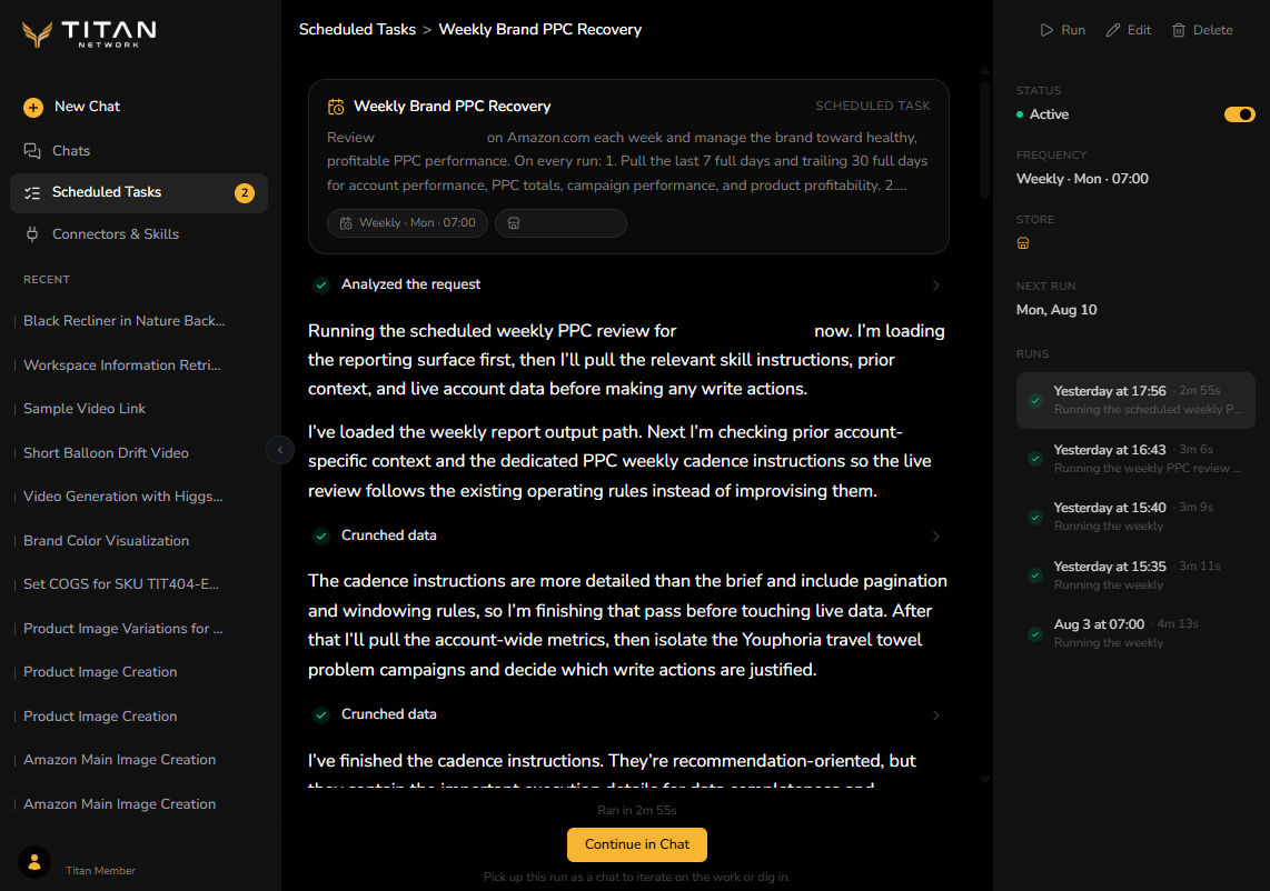A scheduled task open on one of its runs, showing the task summary, its status, frequency, store and next run down the right, a list of previous runs, and the step-by-step working of the run itself.