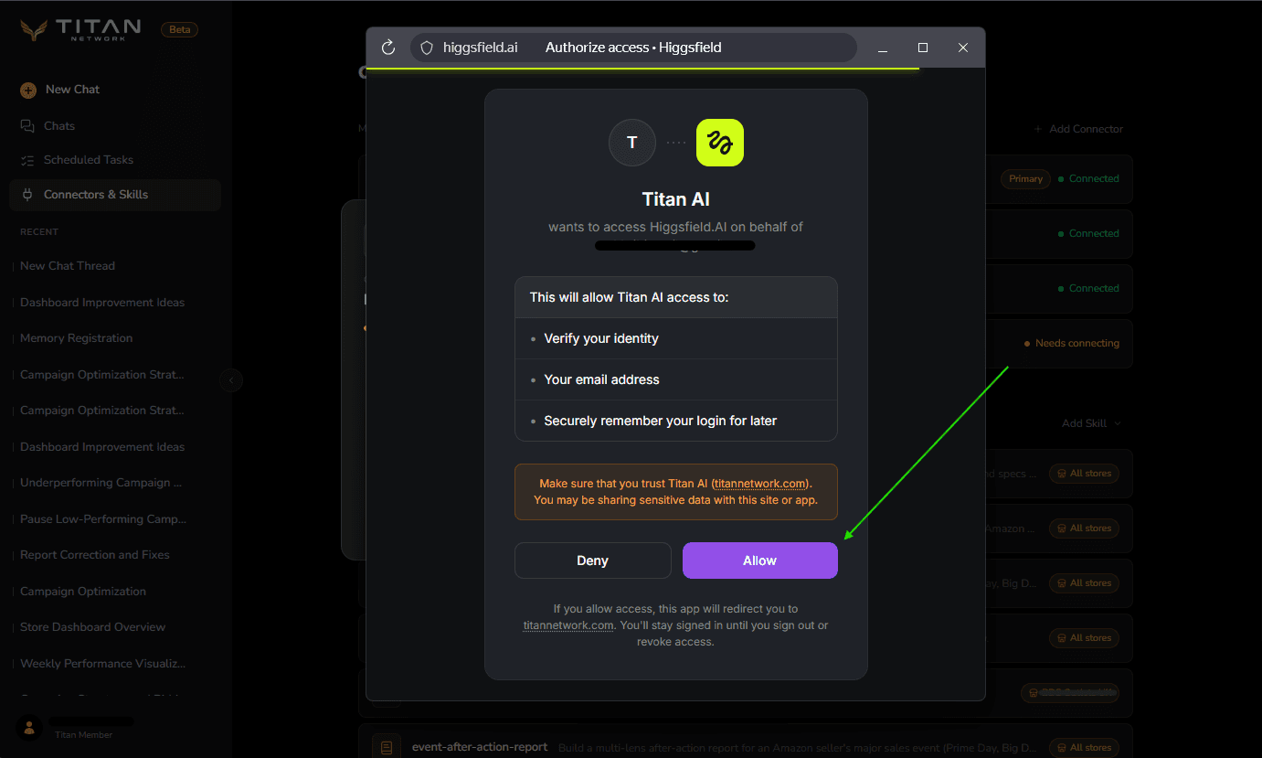 The Higgsfield authorize screen where Titan AI requests access, with Allow.