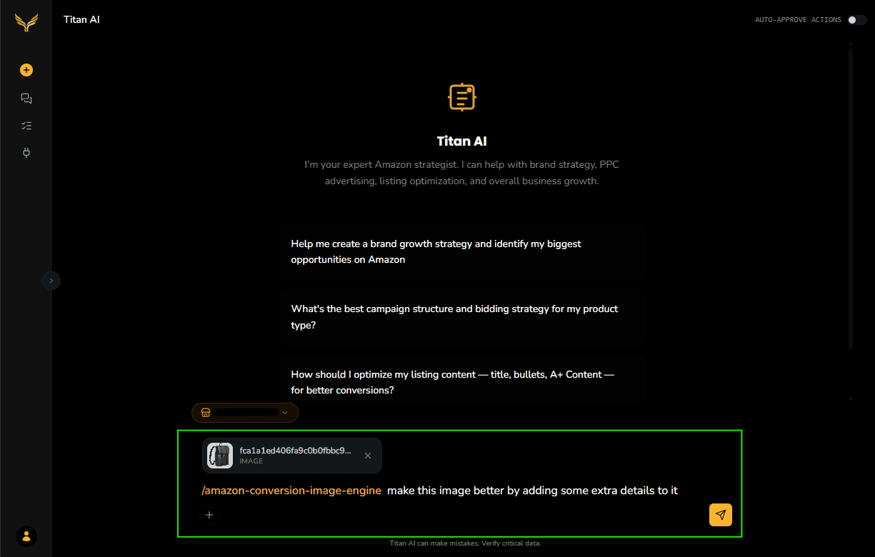 The chat composer with a product photo attached and the skill invoked with a plain-language instruction.