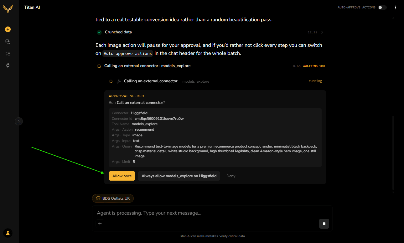An in-chat approval prompt for a Higgsfield action, with Allow once and the Auto-approve actions toggle in the header.