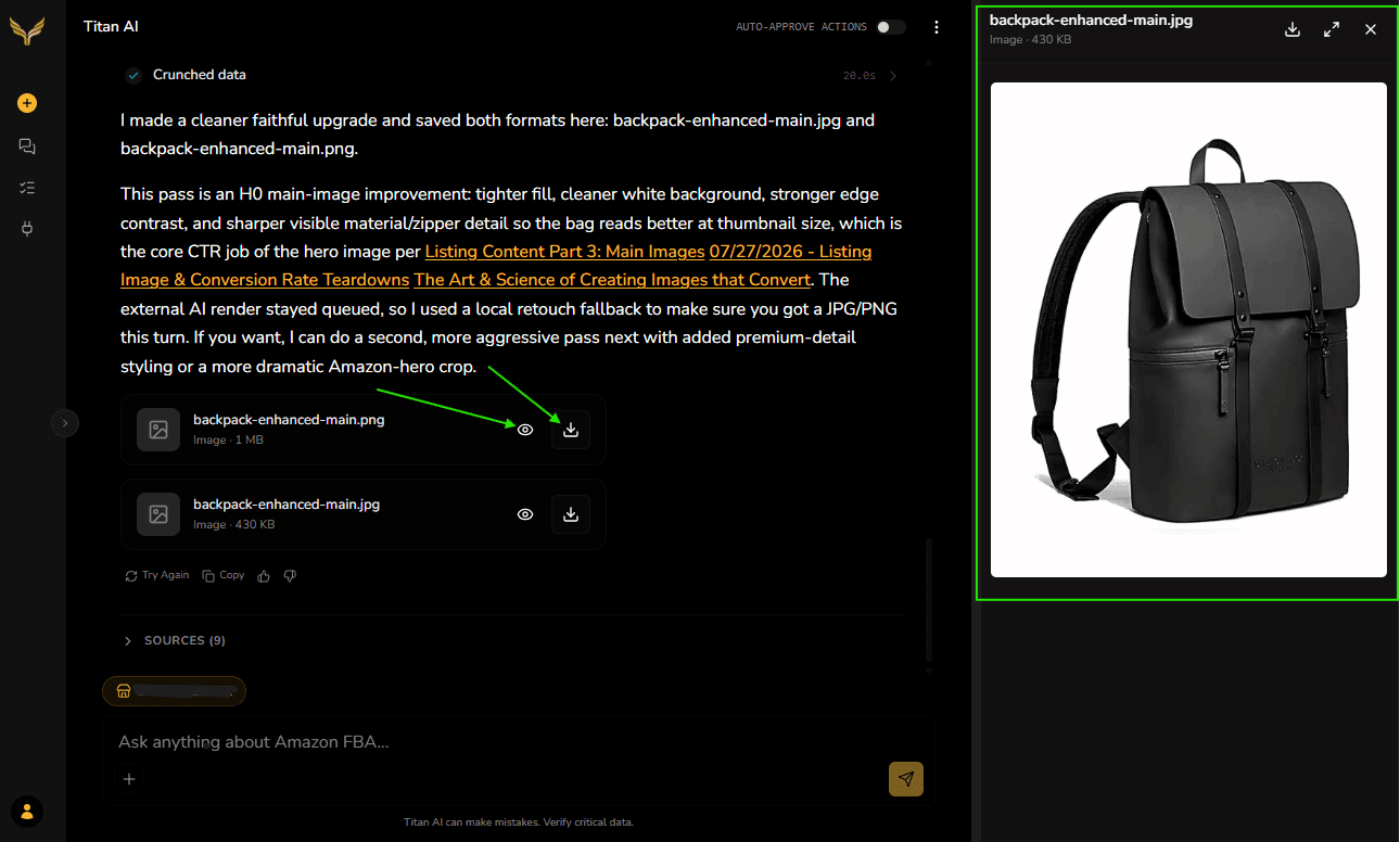 A generated product image shown inline in the chat, with download and preview options.