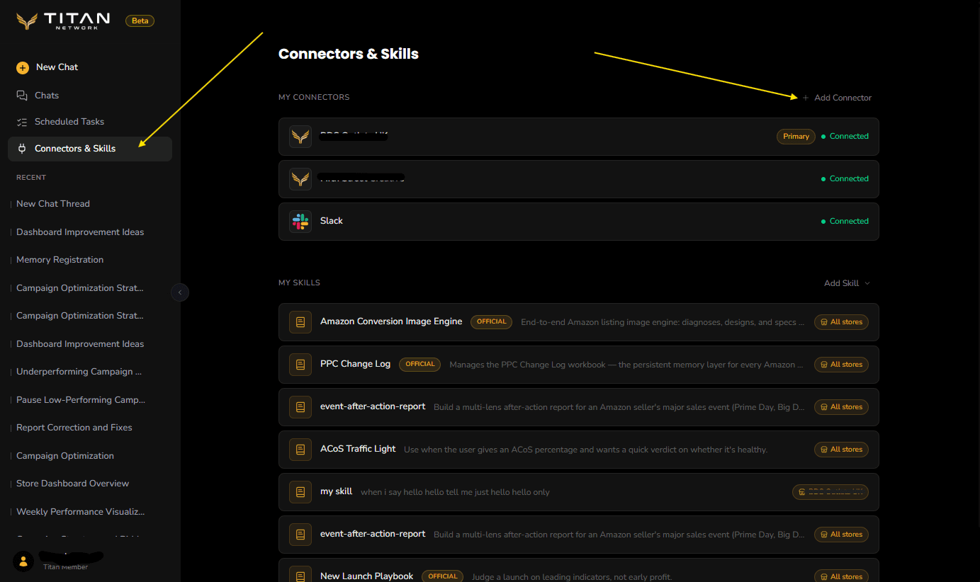 The Connectors & Skills page with Add Connector called out.