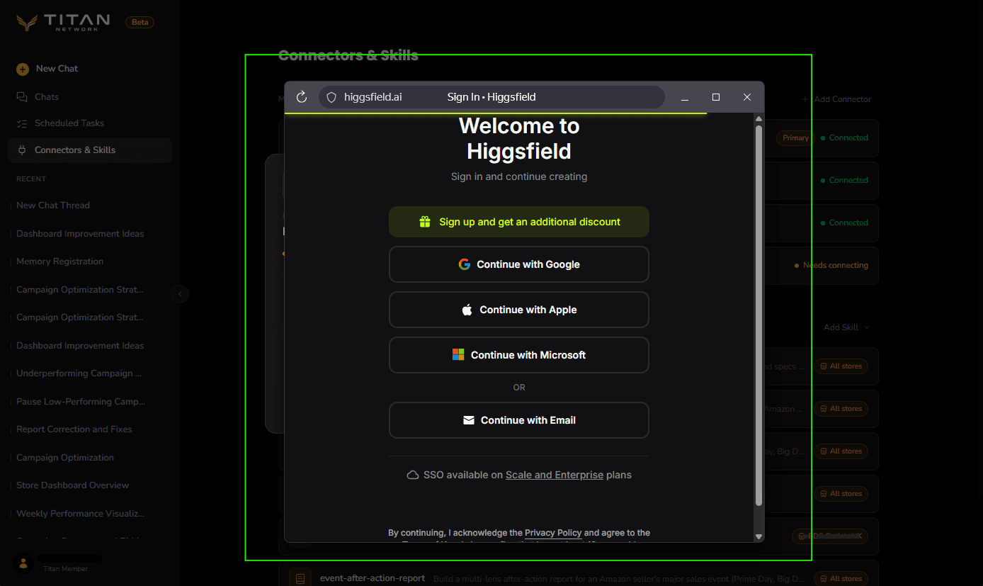 The Higgsfield sign-in screen.