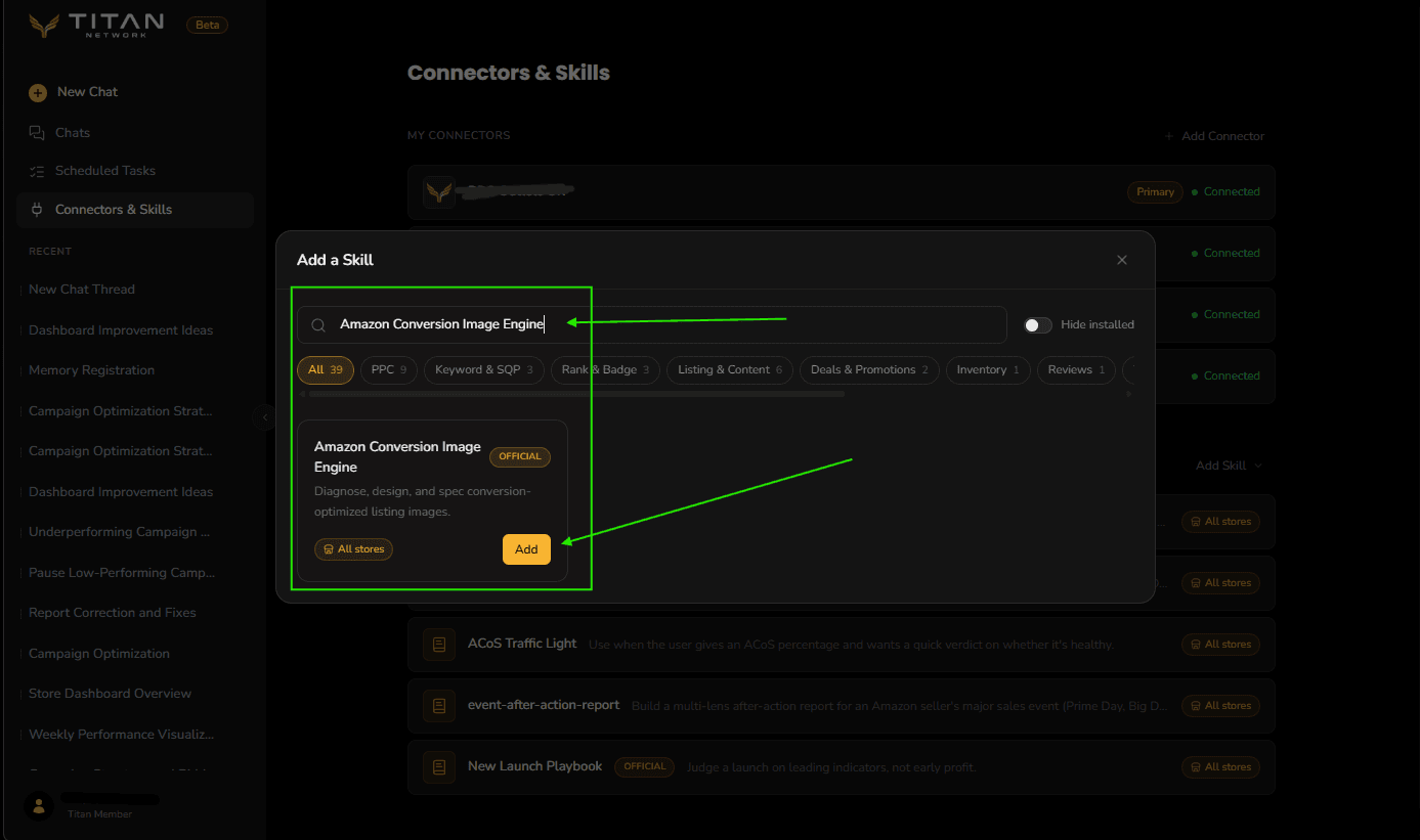 The Add a Skill modal with Amazon Conversion Image Engine matched in search and the Add button called out.