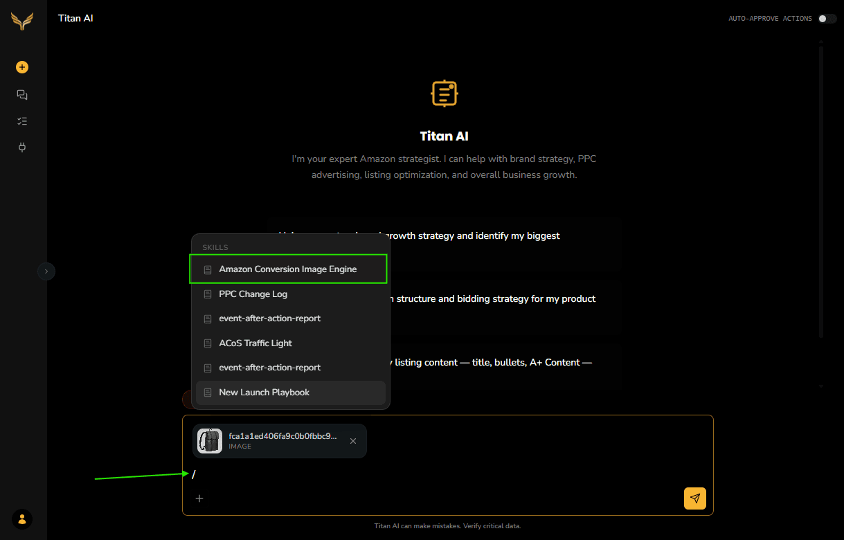 A new chat with the Amazon Conversion Image Engine skill selected from the slash menu and a product photo attached in the composer.