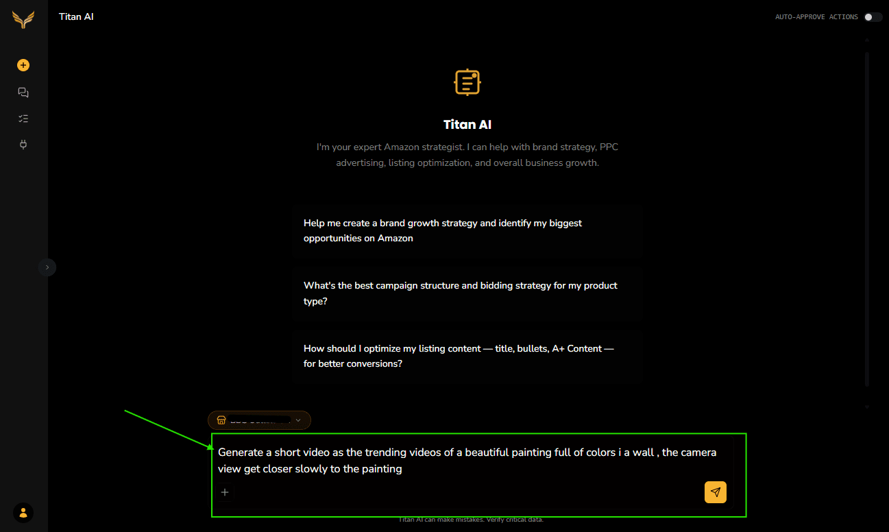 A chat asking Titan AI for a Higgsfield video from a brief.